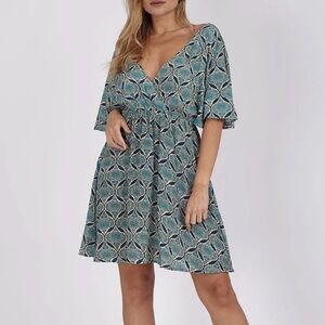 Silk Mini Dress Size M NWT Blue Boho V Neck Tie Back Tassel Flowy Summer